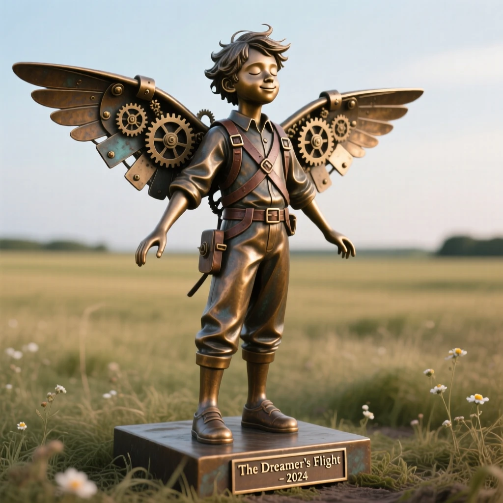 A young inventor testing handmade wings in an open field, with eyes closed in peaceful serenity, forming a strong central focal point