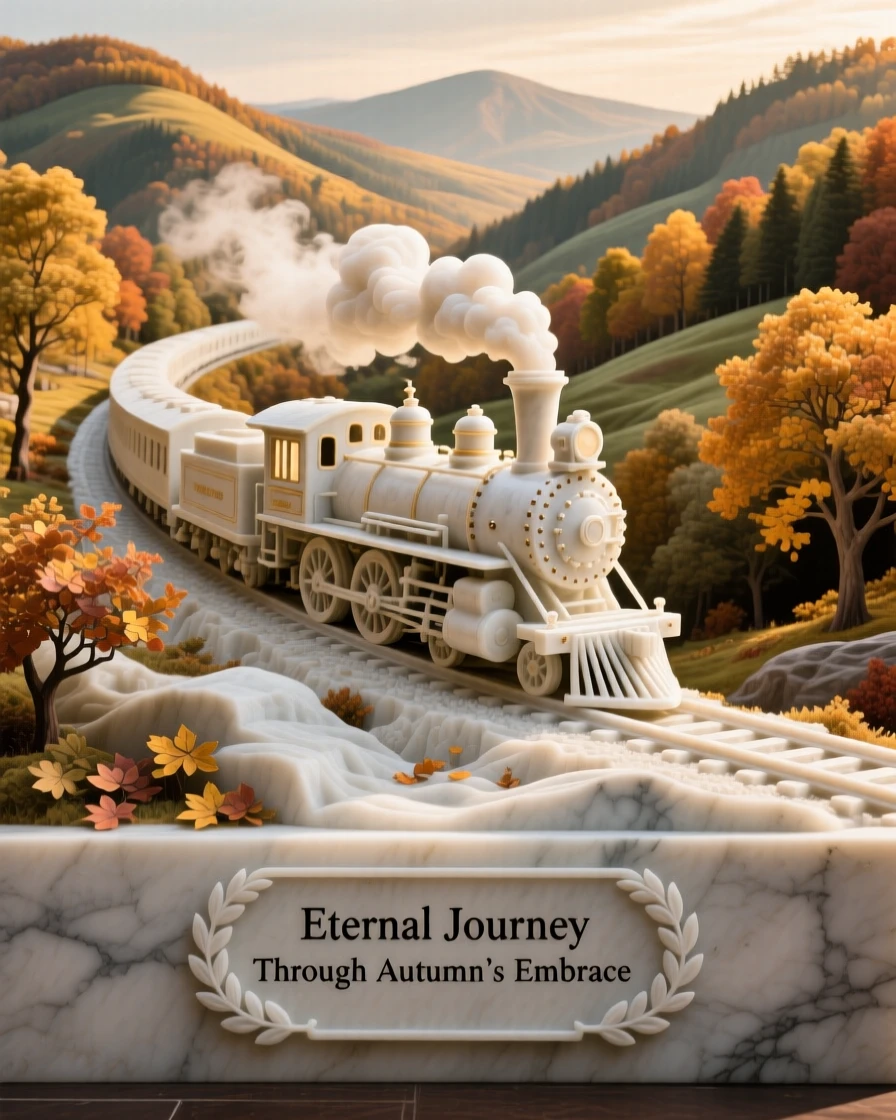 An evocative depiction of a train winding through a golden autumn valley, surrounded by soft, glowing light, balancing detail with emotional depth