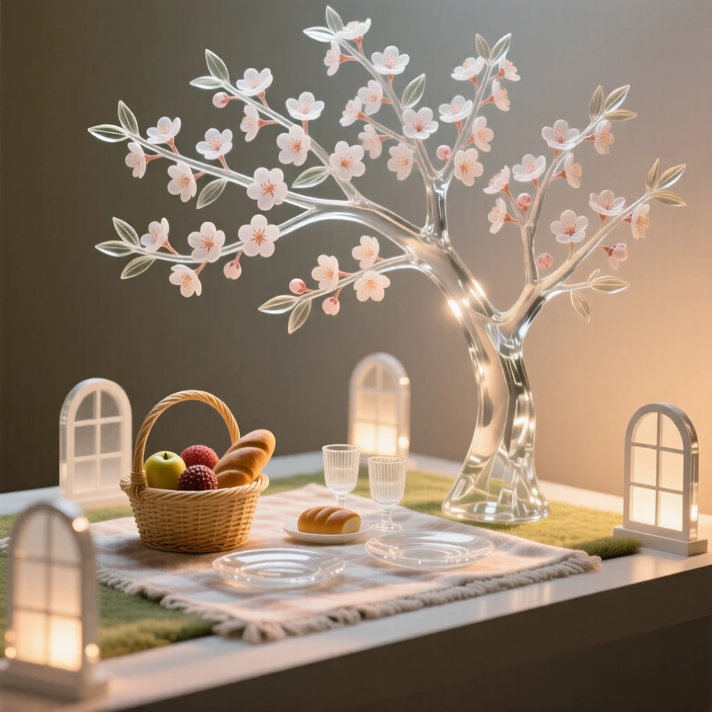 A picnic spread beneath a blooming cherry tree in spring with warm light glowing from every window, while warm light spills from every window nearby