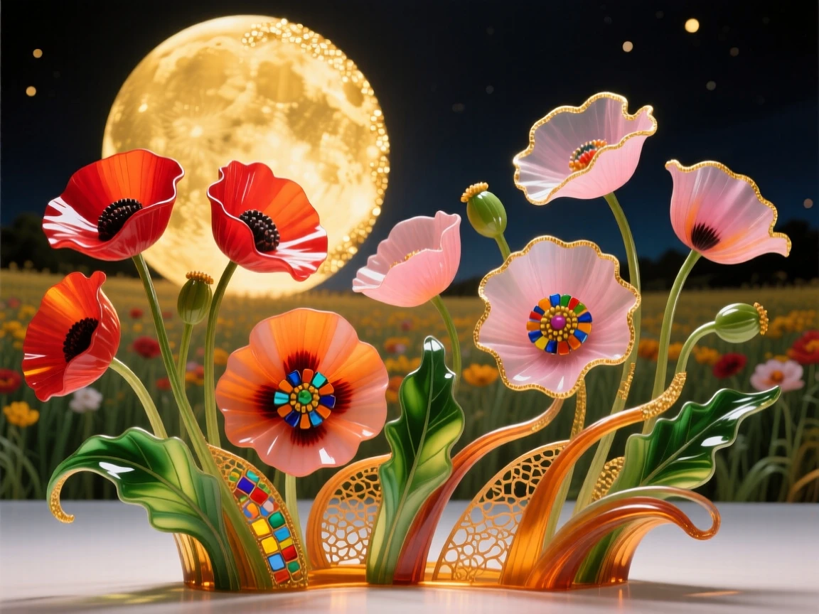 A field of blooming poppies swaying gently beneath a golden harvest moon, vivid and serene.