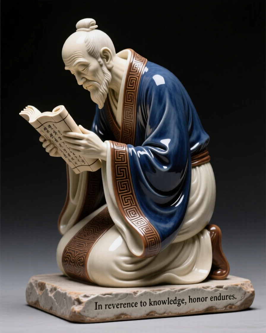 A scholar of the ancient library lost in study kneeling in reverent tribute, adorned with intricate traditional patterns, radiating dignity, honor, and cultural pride.