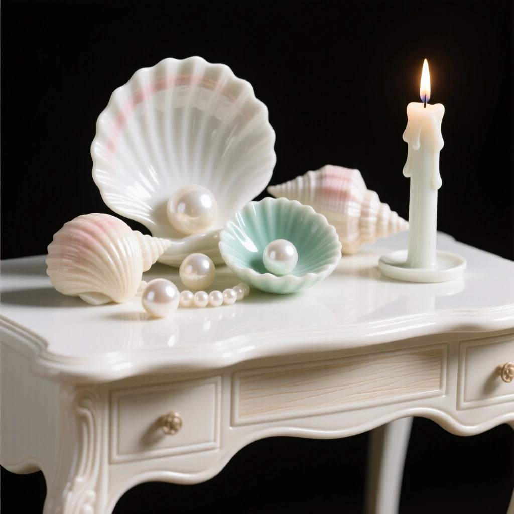 A refined still-life arrangement of seashells and pearls on an antique writing desk, a single candle casting gentle shadows.