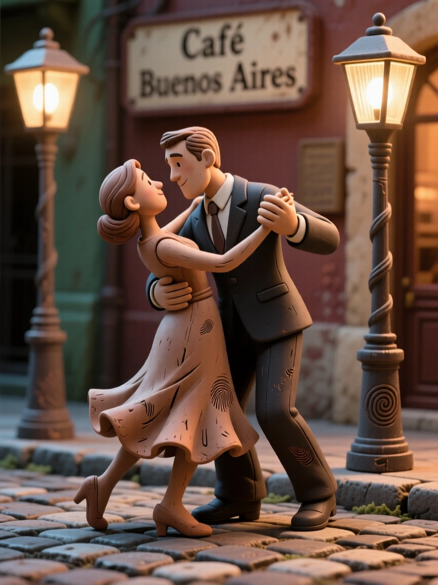 A traditional Argentine tango couple mid-dip beneath streetlamps