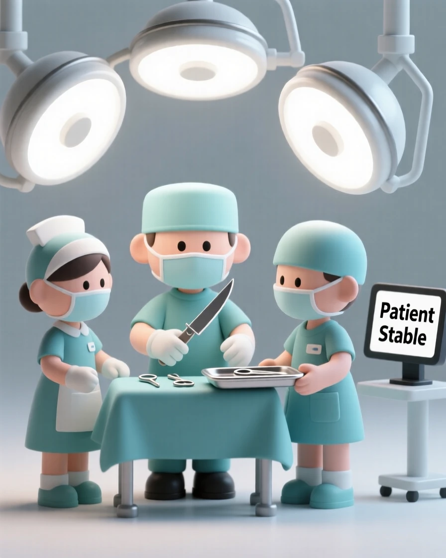 A focused surgeon's team works calmly together under bright lights, instruments passed with practiced precision.