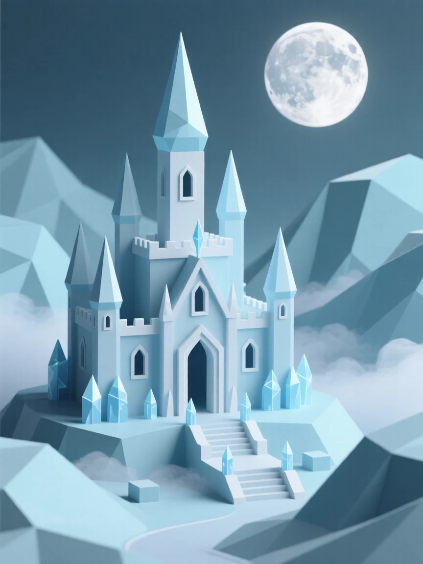 An ice queen's palace shimmering under the moon, within a valley shrouded in enchanted mist. rich color contrasts add depth to the fantasy setting. There is an air of ancient mystery.