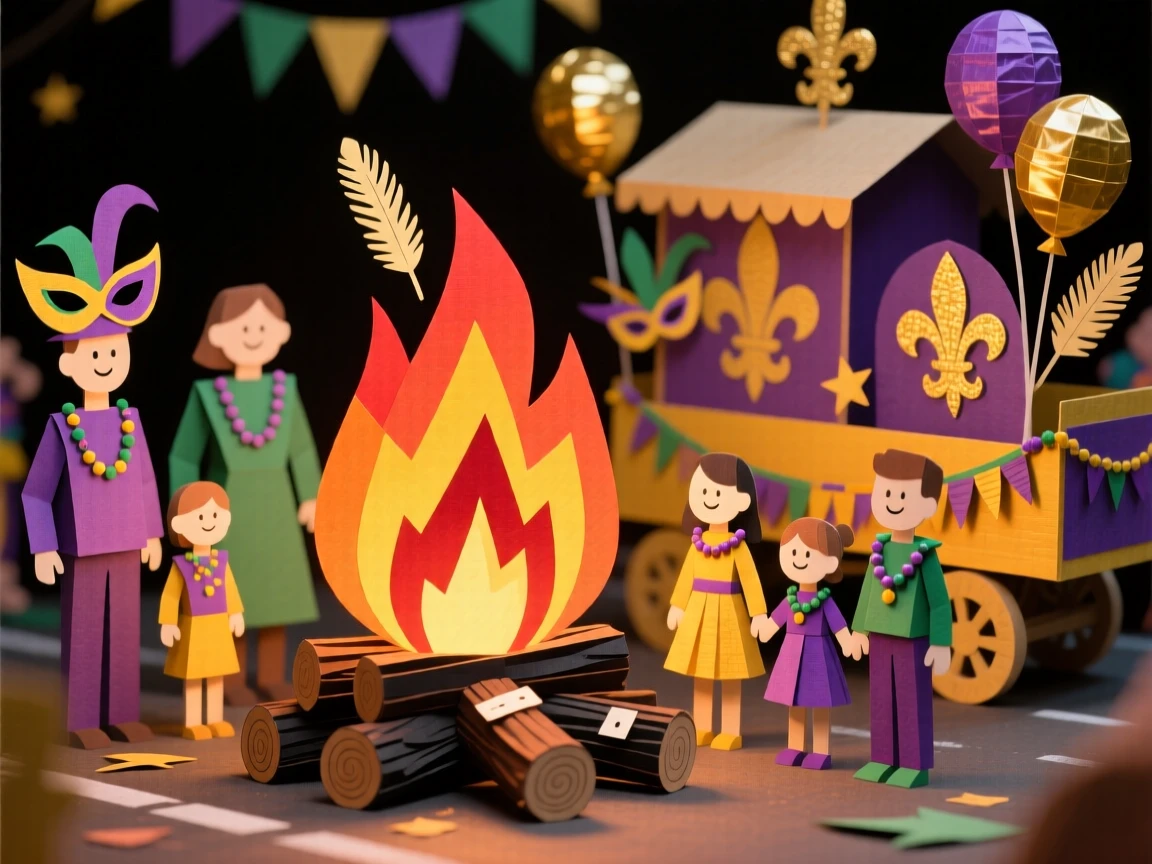 A lively Mardi Gras parade filled with the golden light of a bonfire, with family gathered warmly together, capturing the spirit of gratitude and joy.