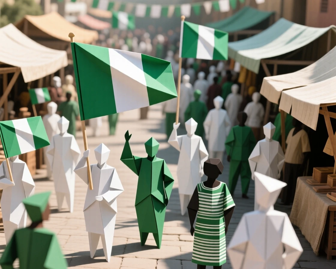 A Nigerian Independence Day celebration scene with flags waving in a bustling market square.