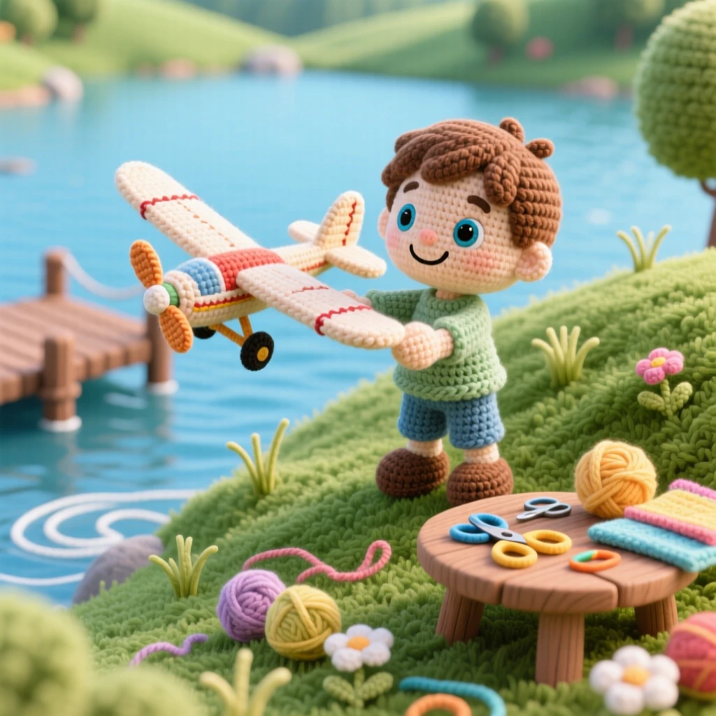 a small boy learning to fly a glider plane toy, with a proud grin, launching it from a grassy hilltop, in a peaceful lakeside dock, with a scattering of craft supplies on the table, radiating cheerful curiosity and hands-on delight.