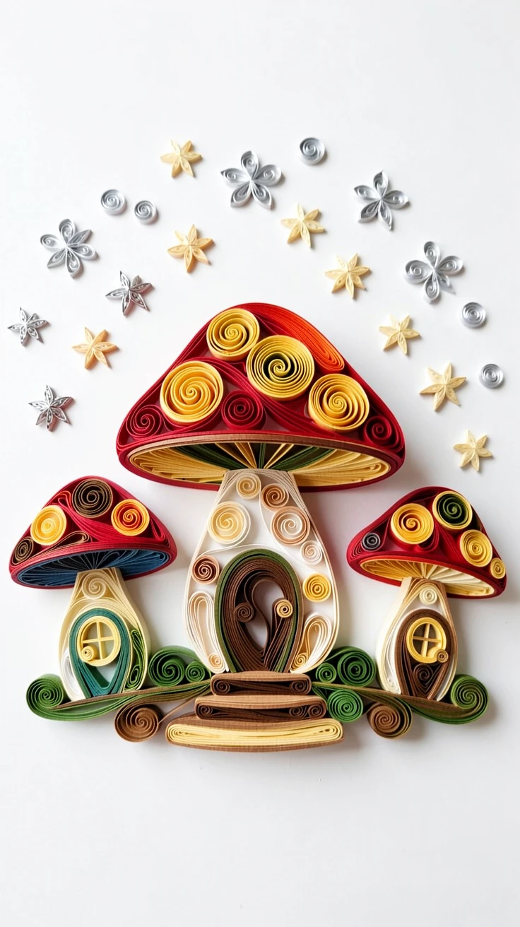 a tiny village of mushroom houses with round windows, in a whimsical storybook village, composed with a friendly, inviting central focal point, with a sprinkle of twinkling stars overhead.
