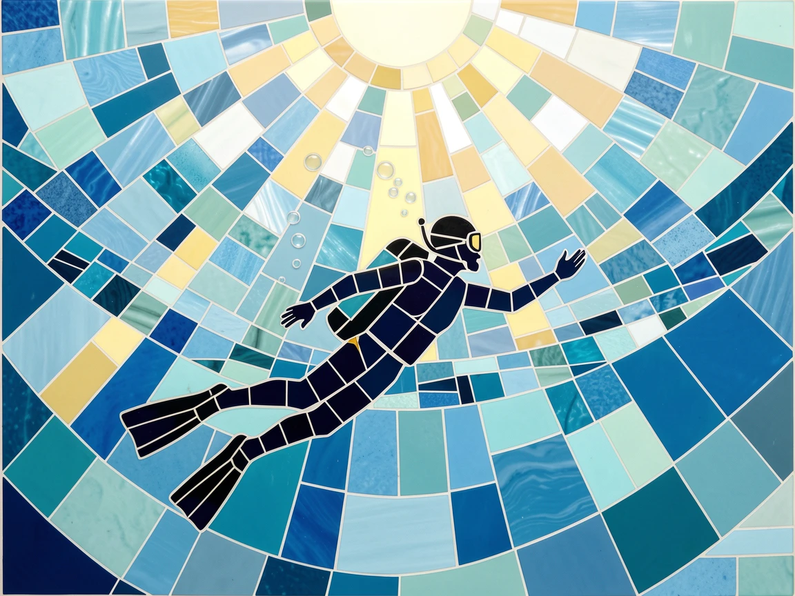 A diver's silhouette against the sunlit surface of the open ocean, illuminated by soft rays of sunlight filtering through water.