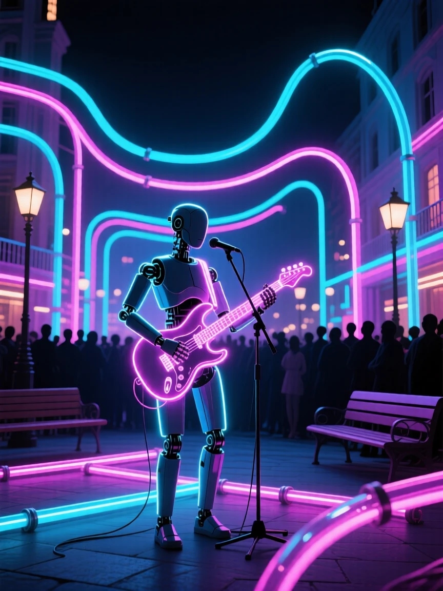 A wide establishing shot of an android musician performing for a crowd in a neon-lit plaza.