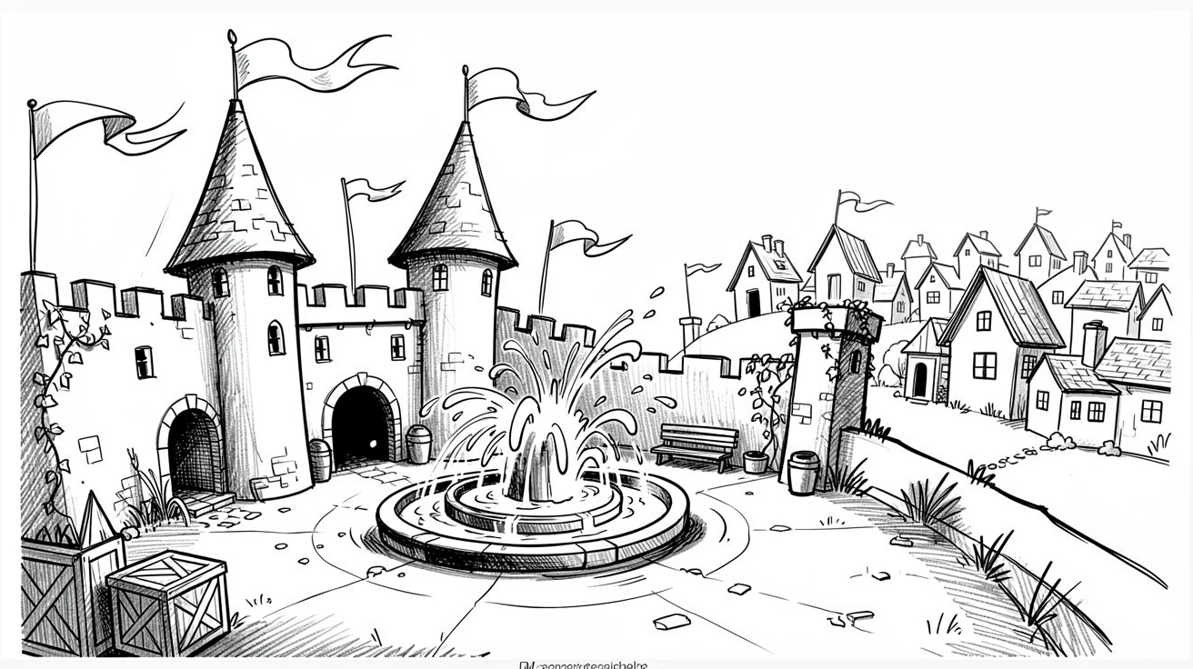 A castle courtyard with a bubbling fountain on a hilltop overlooking a village.