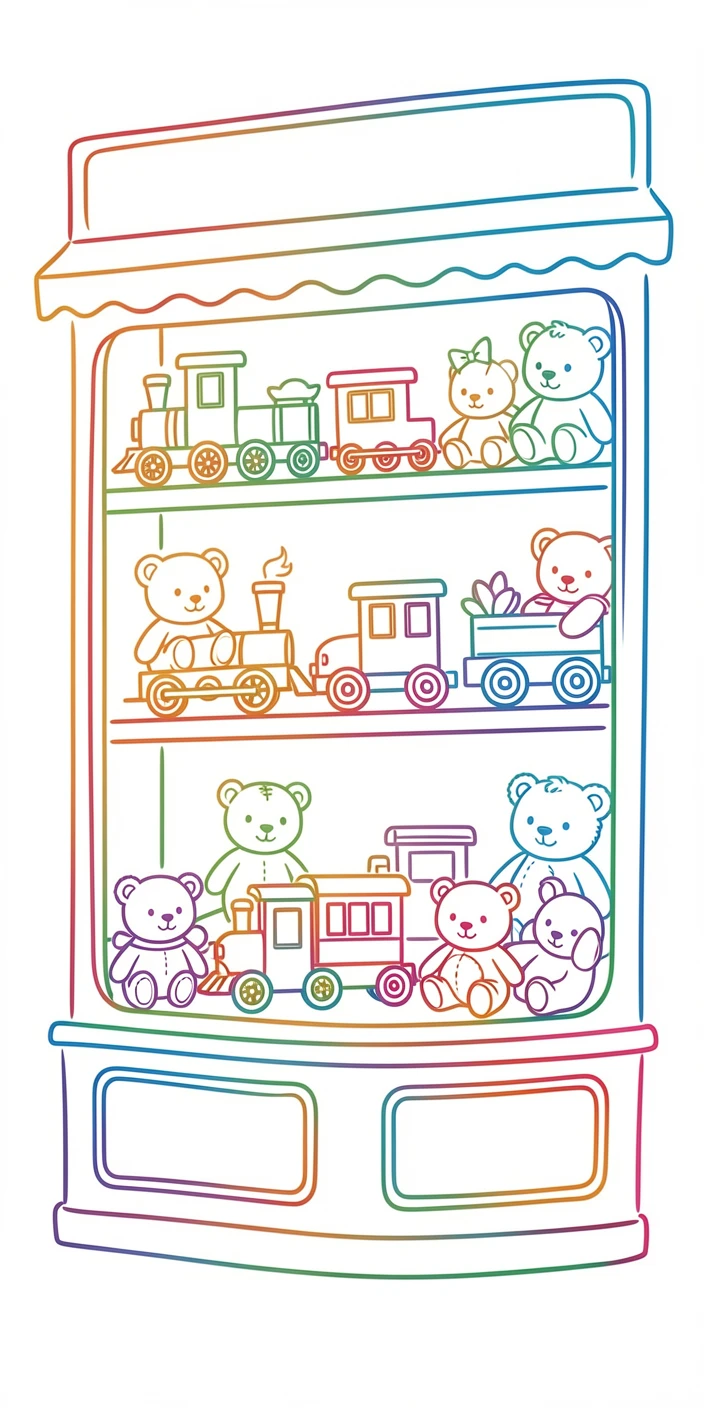 A vintage toy shop window filled with wooden trains and stuffed animals.