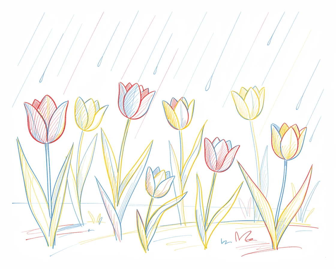 A gentle spring rain falling on a garden full of blooming tulips