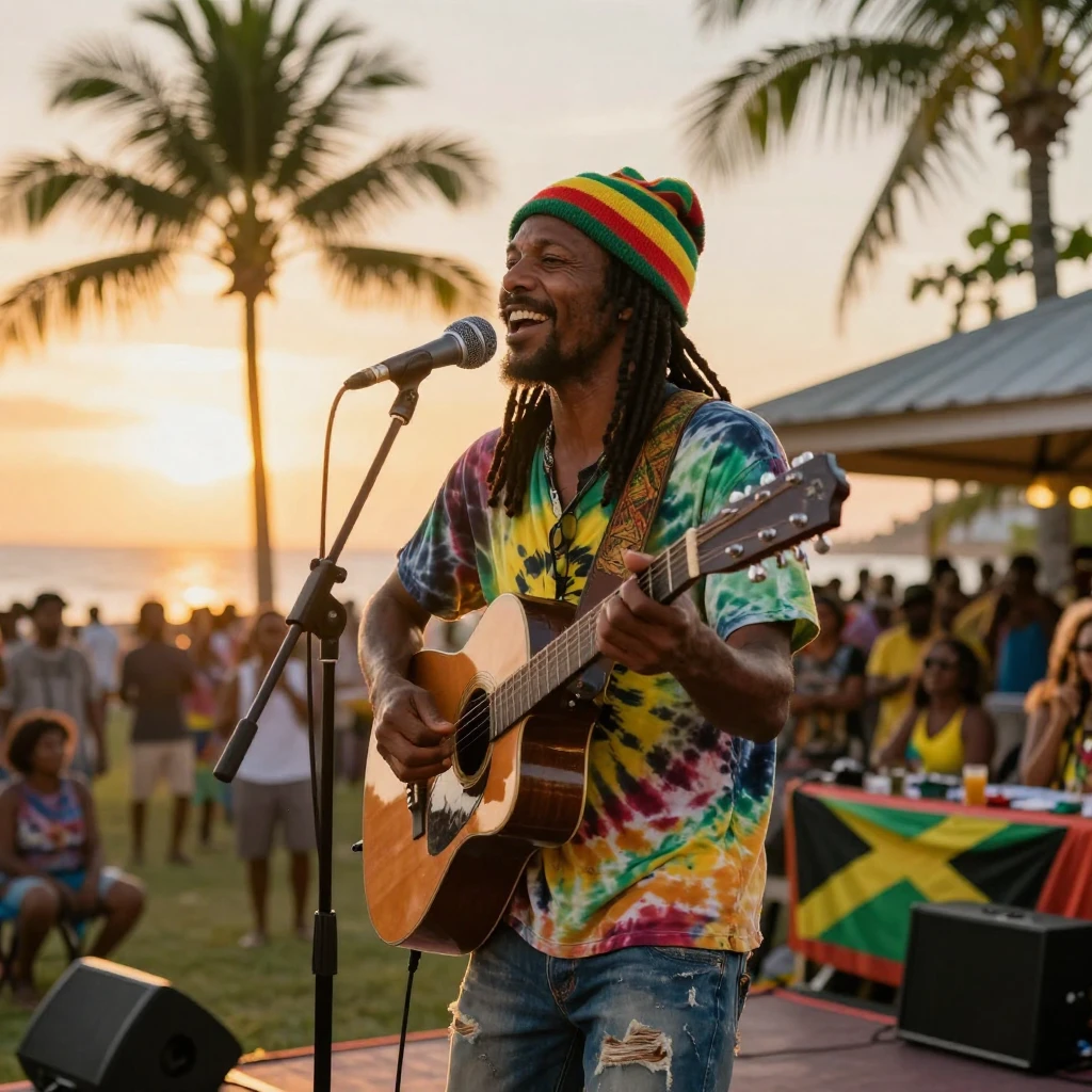 A Jamaican reggae musician performing at sunset