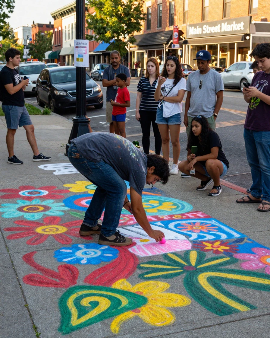 A street artist chalks a colorful mural onto a sidewalk as a small crowd gathers.