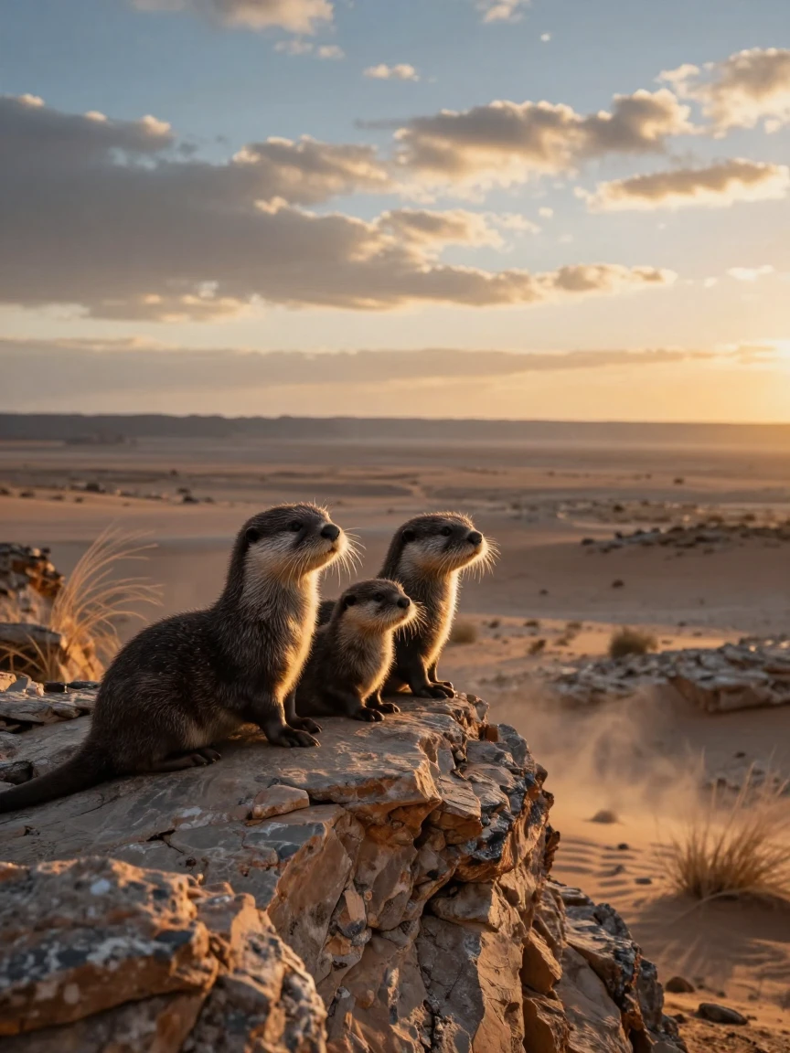 A family of otters watching alertly from atop a rocky outcrop across a windswept desert plain as the day slowly fades