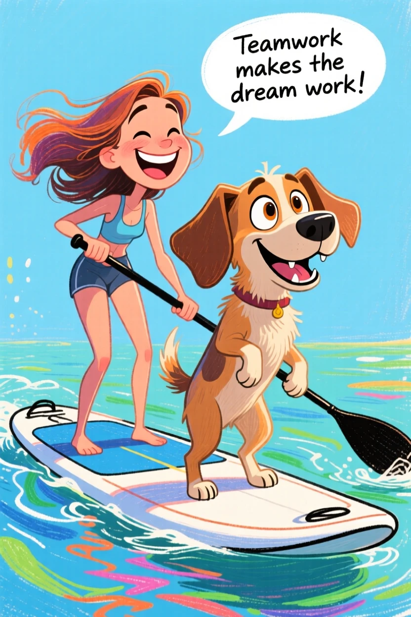 A woman doing tandem paddleboarding with her very good dog balanced at the front.