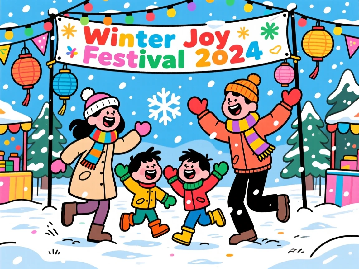A festive celebration scene of a family dancing joyfully at an outdoor festival, as snow gently falls around them.