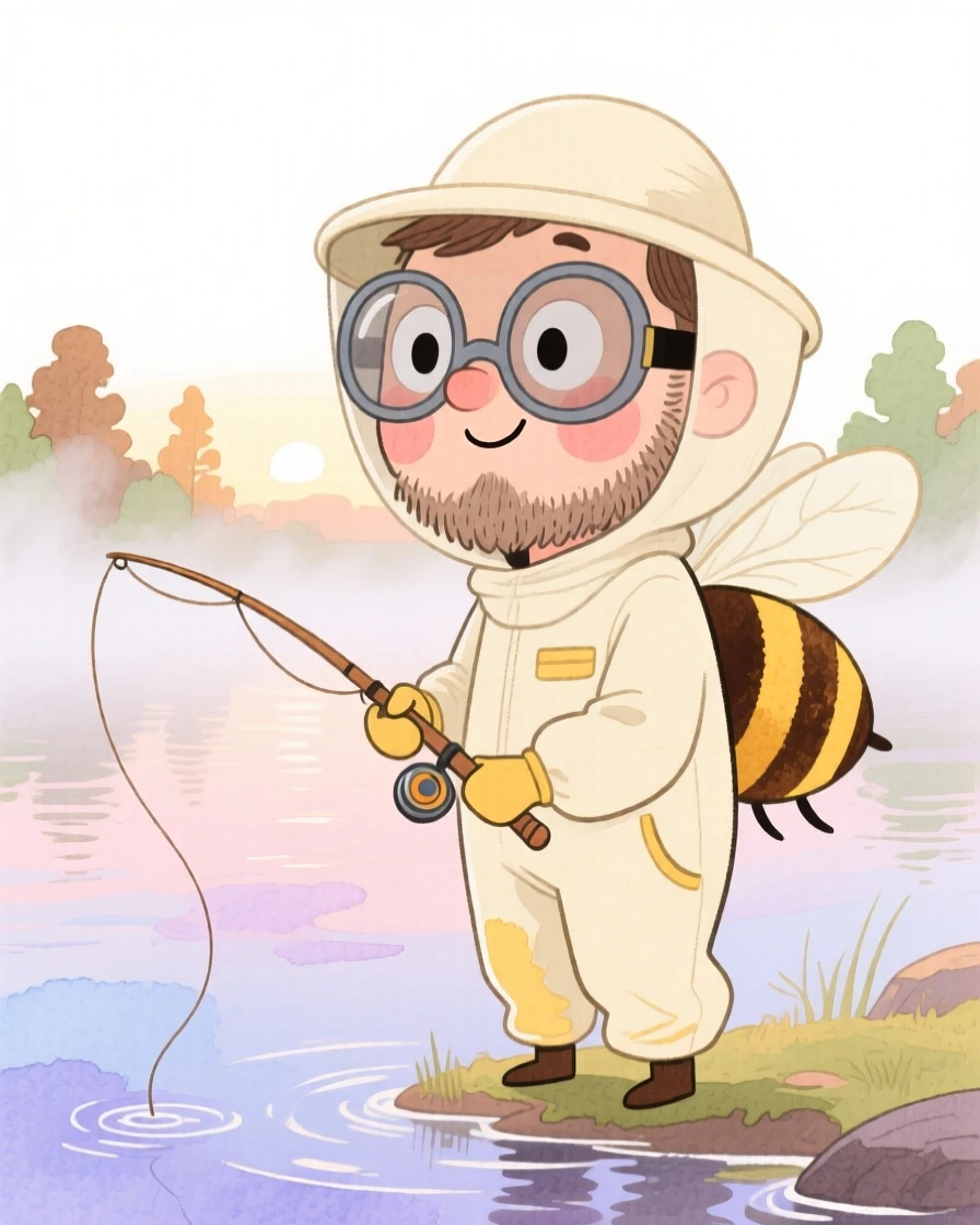 A beekeeper casting a line into a misty lake at dawn
