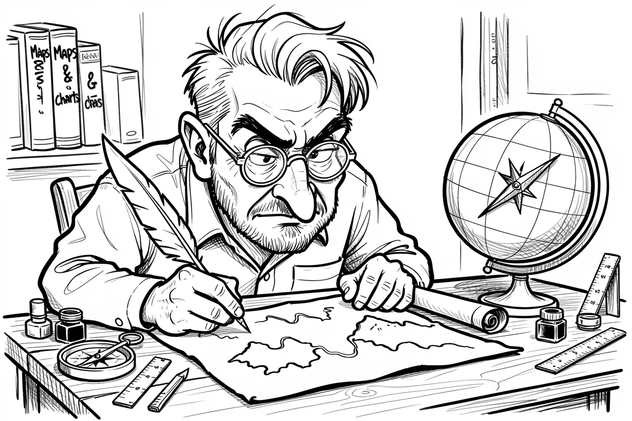 [Occupations & Hobbies] Detailed scene of a dedicated cartographer sketching out a new design, showcasing skill and dedication