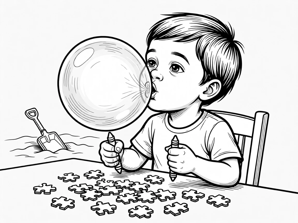 A child blowing the biggest bubblegum bubble yet, clutching the crayon in a white-knuckled grip, set at a table scattered with puzzle pieces. A plastic shovel lies abandoned in the sand. There's an innocent, giggly charm to the whole moment.