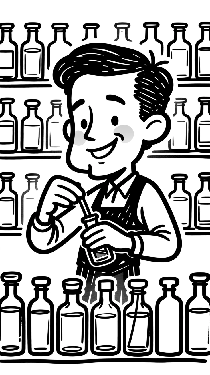 A perfumer carefully blending scents from rows of delicate glass bottles.