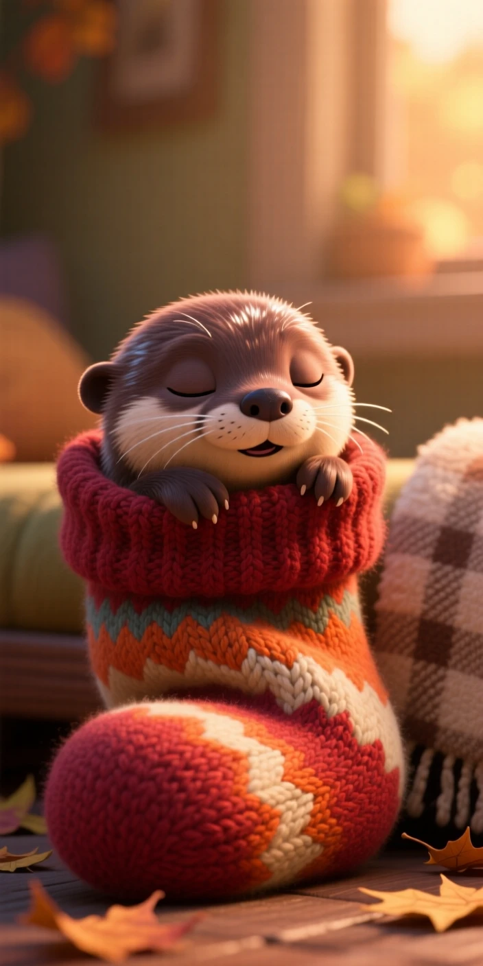 A curious otter pup is snuggled inside a woolly sock, blinking sleepily at the camera. Playful joy radiates from the small creature, with warm colors filling the background.