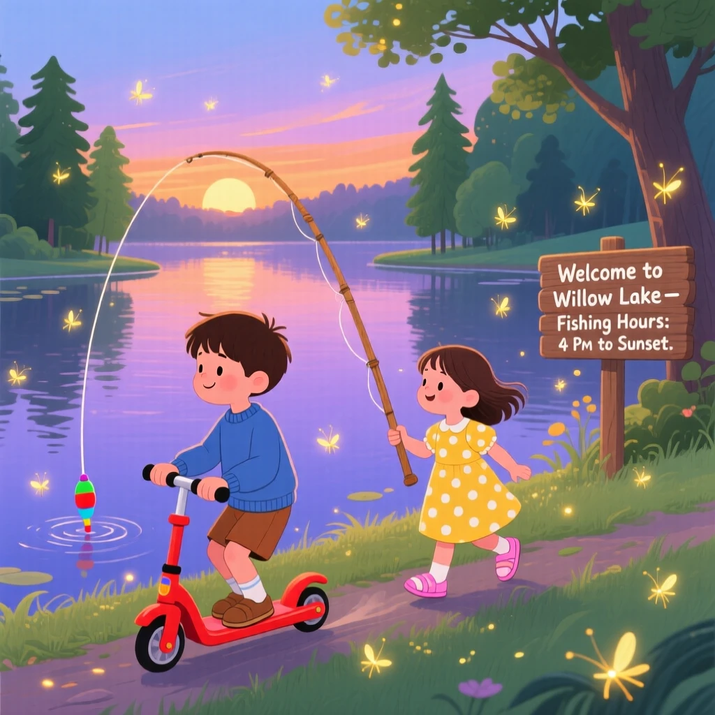 With his little sister close by, a small boy on a scooter is fishing together at a quiet lake, as fireflies begin to twinkle.
