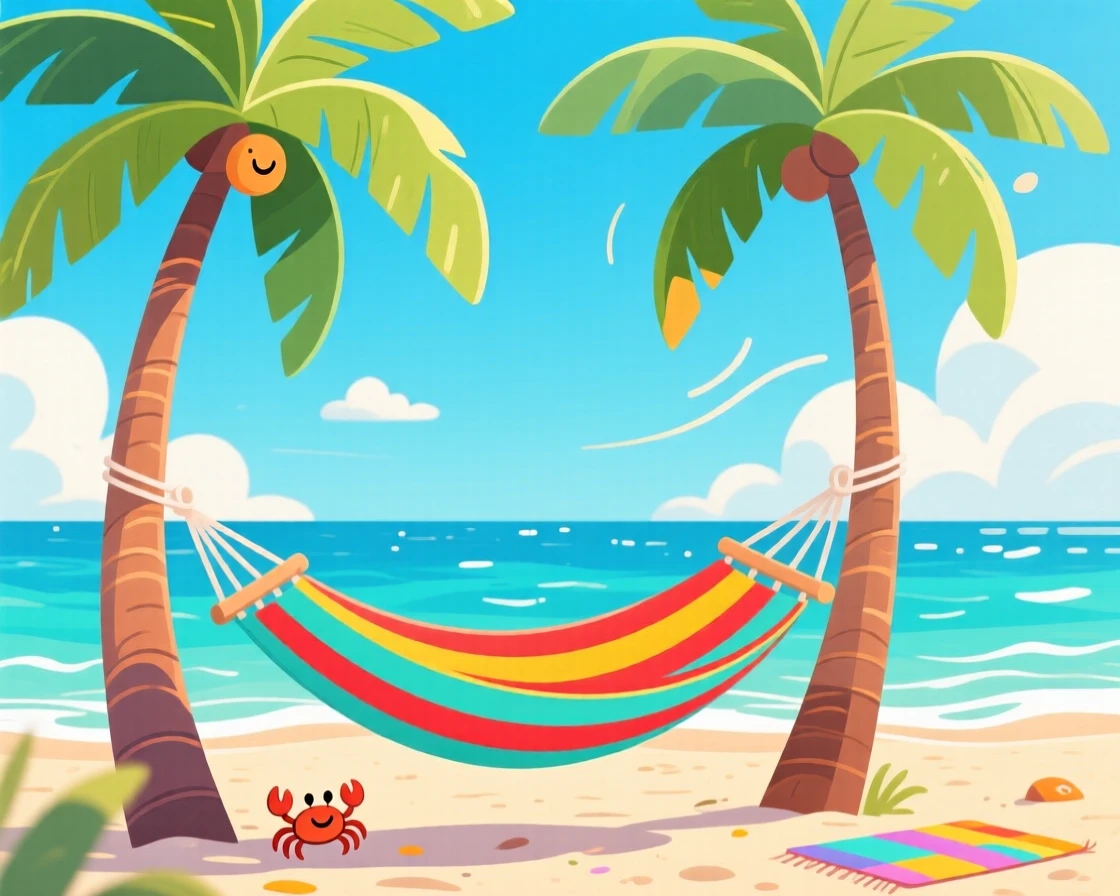 A hammock strung between two palm trees swaying in a sea breeze.