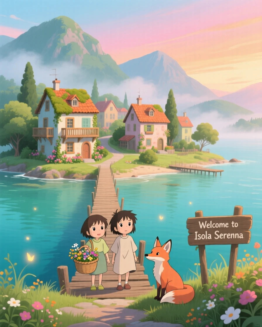 A scenic view of an island town reached by a single long causeway, with distant mountains framing the skyline.