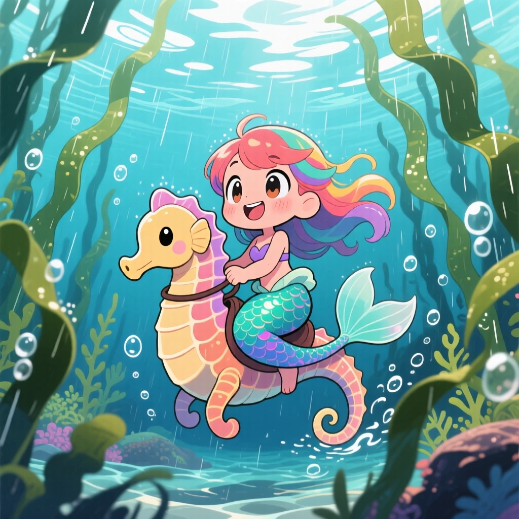 In an underwater kelp forest, a young mermaid is riding a seahorse through swaying kelp during a gentle spring rain shower, bathed in shimmering reflected light off water, expression full of eager anticipation. Shot as a low-angle shot looking up.