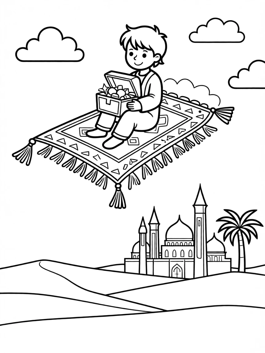 A magic carpet flying over a desert kingdom