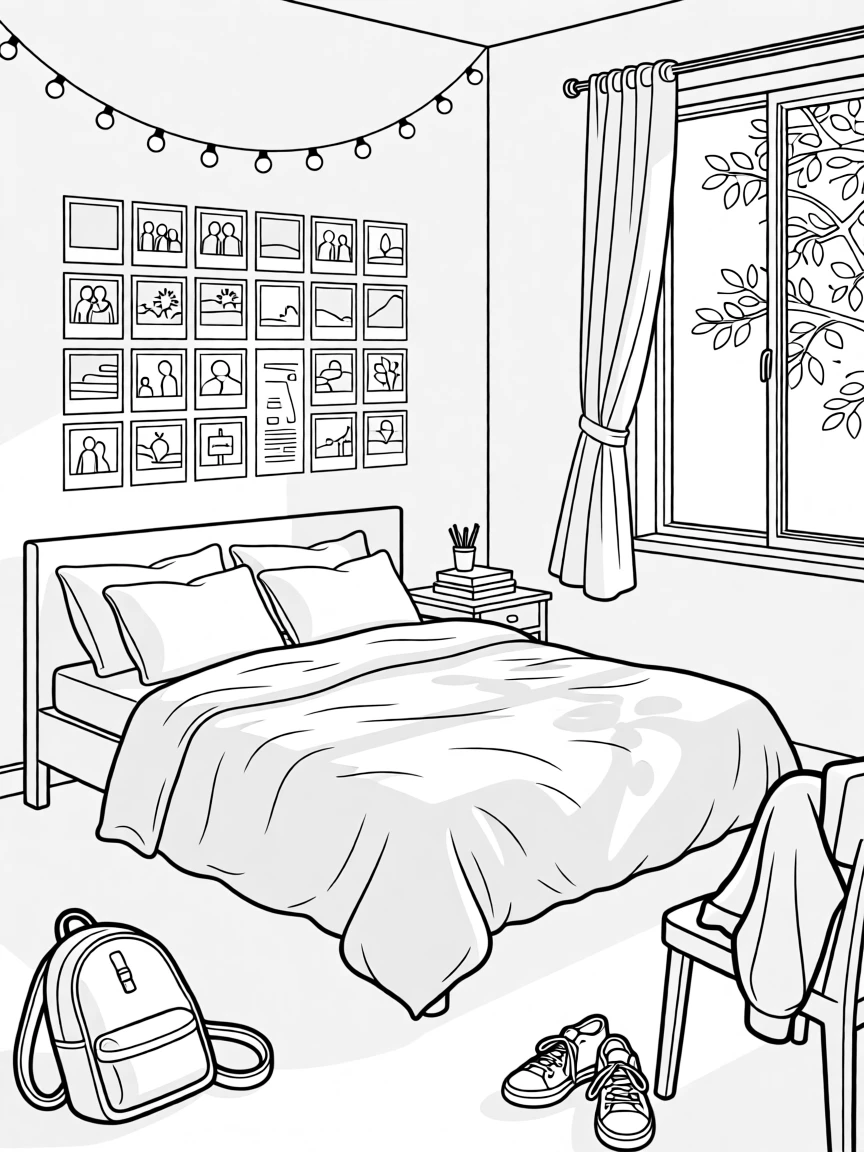 A bedroom with string lights and a wall of polaroid photos, with soft morning light filtering through the leaves.