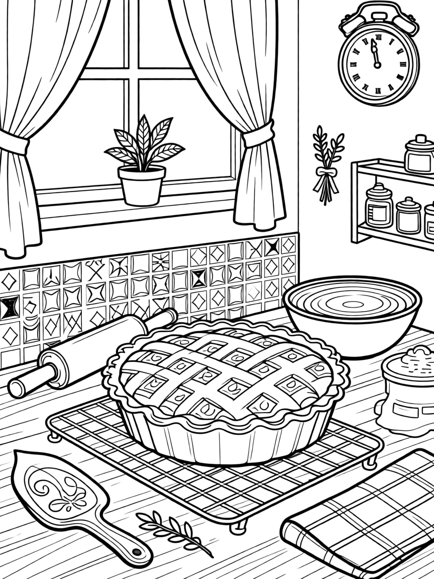 A cozy pie-baking scene with a lattice crust cooling on a rack.