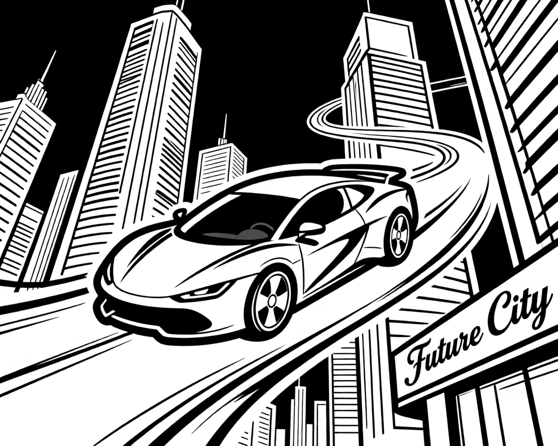 A futuristic flying car weaving between glowing skyscrapers at night.