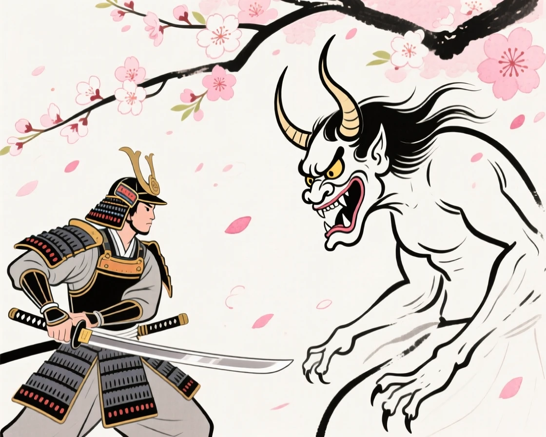 A samurai facing off against a demon oni beneath cherry blossoms.
