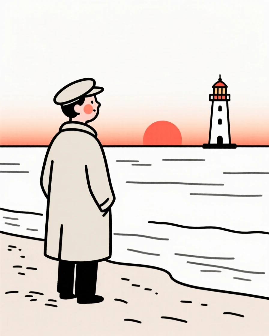 A lighthouse keeper watching the sea on a sandy beach at sunset.