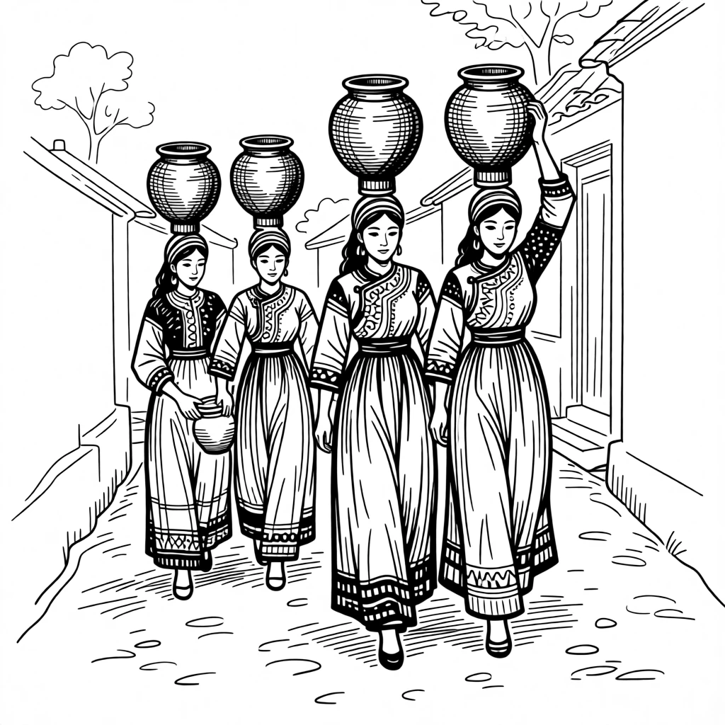 A group of women in traditional dress carrying water jars along a village path.