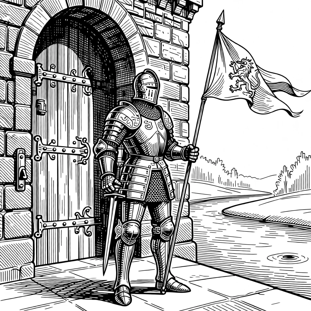 A medieval knight in full armor before a castle gate beside a river that has flowed for generations, with a sense of ceremony in every gesture, portrayed in a proud and storied historical scene.