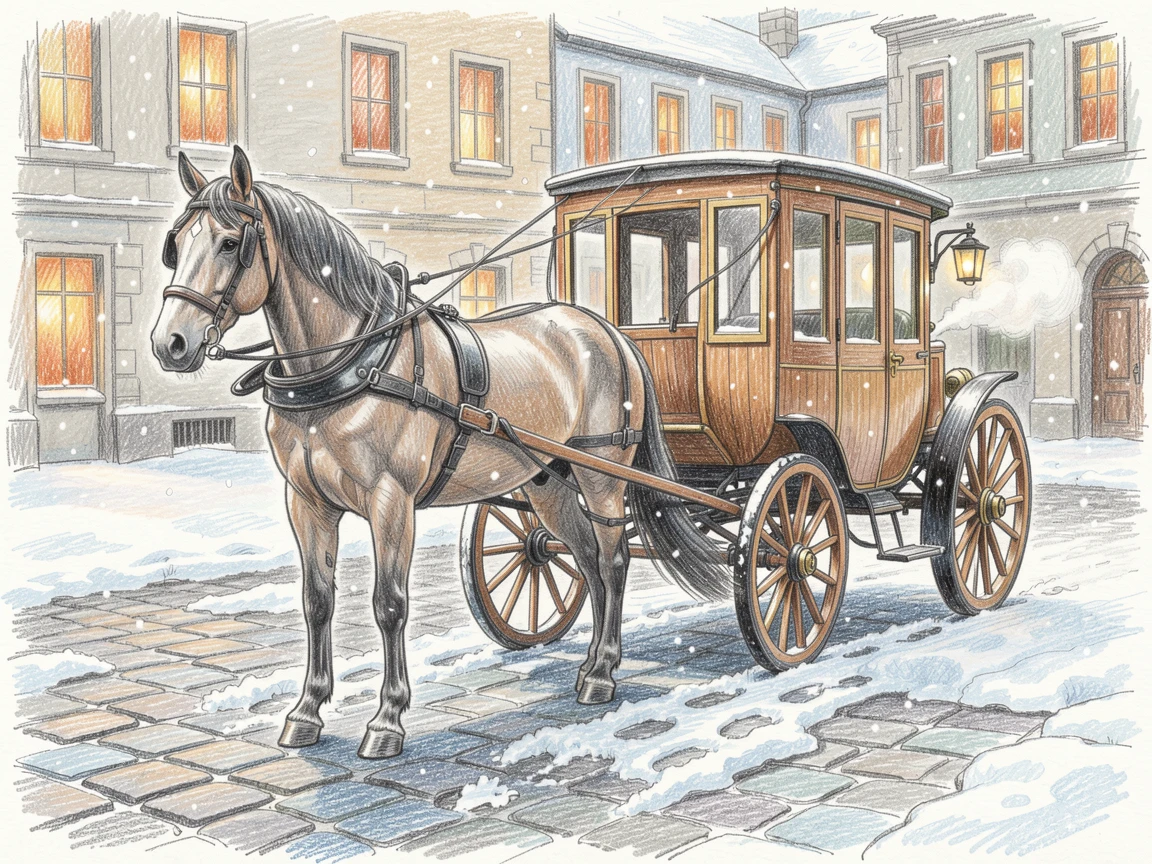 A horse and carriage riding through a snowy cobblestone square, with rich, inviting textures throughout the scene, celebrating a moment people would love to revisit.