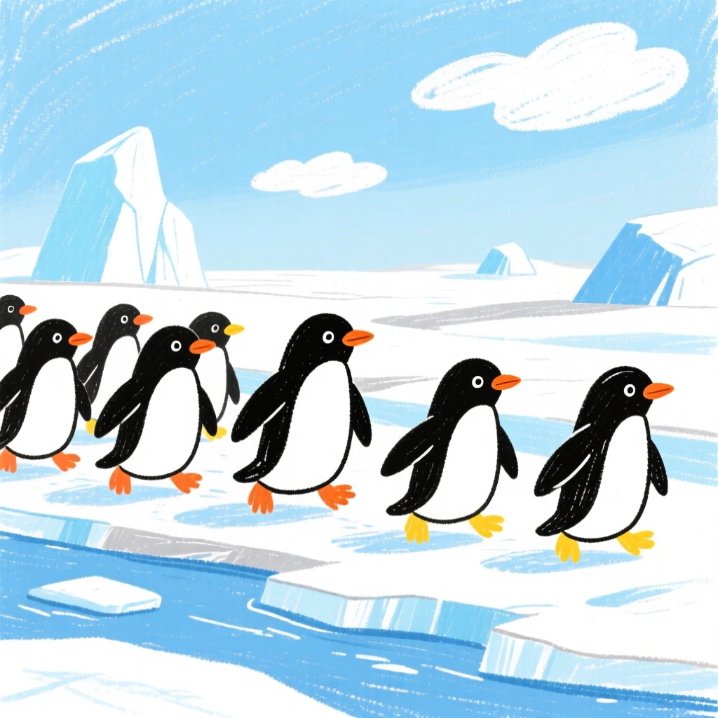 A colony of penguins waddling across an icy Antarctic shore.