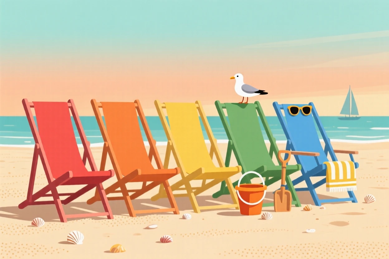 A row of colorful beach chairs lined up for a summer afternoon, surrounded by warm or cool seasonal tones, composed with a calm, seasonal simplicity, with charming small details that evoke the season perfectly.