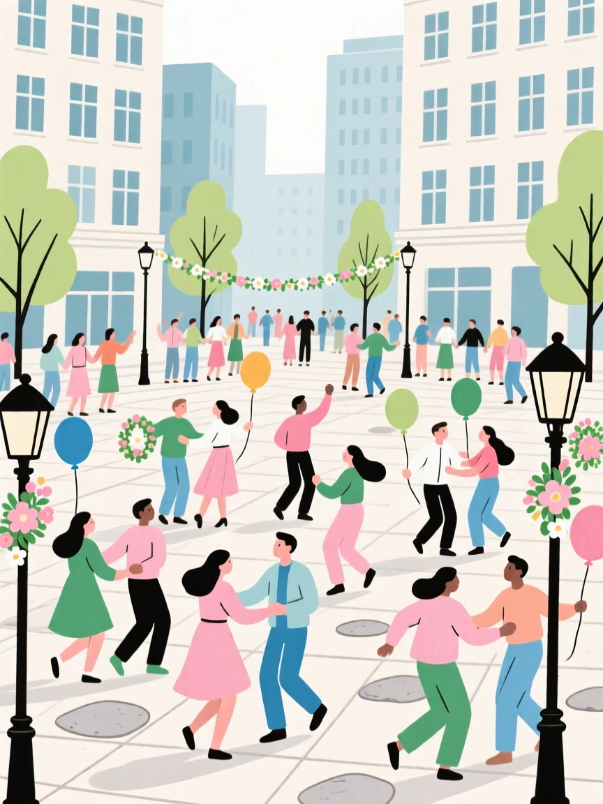 A spring celebration with dancing crowds filling a city plaza.