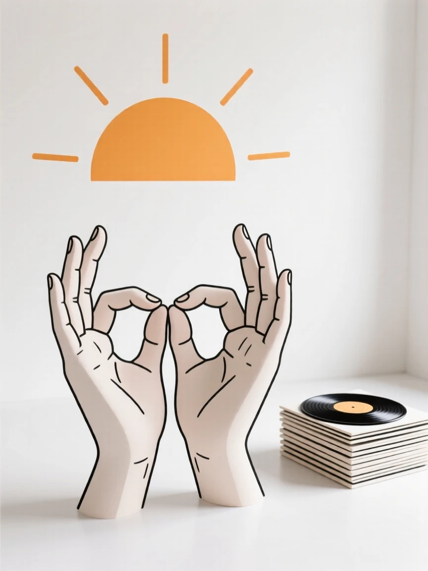 A close view of hands practicing yoga at sunrise near stacks of vinyl records in a sunlit studio, full of mindful patience.