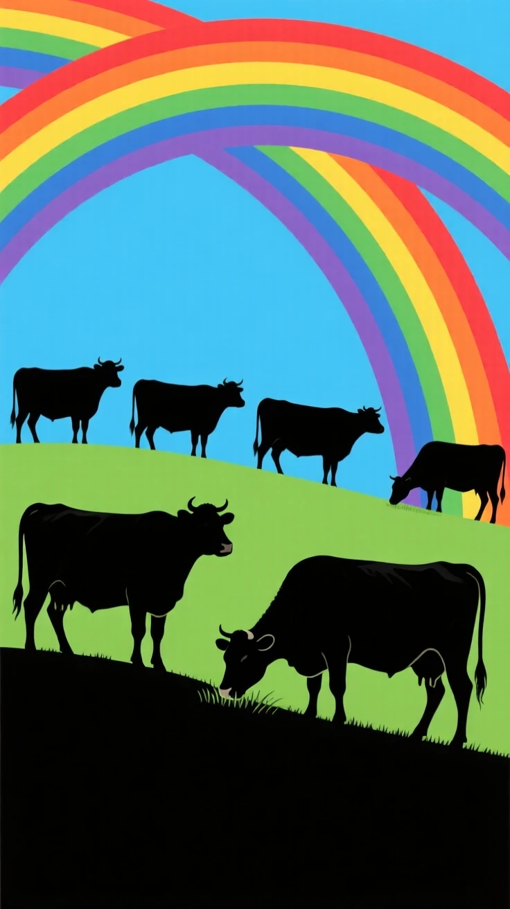 A herd of dairy cows grazing on a green hillside beneath a rainbow.