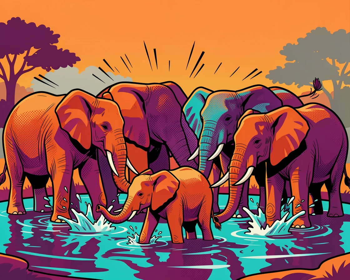 A herd of elephants at a watering hole during late afternoon basking in warm afternoon sunlight