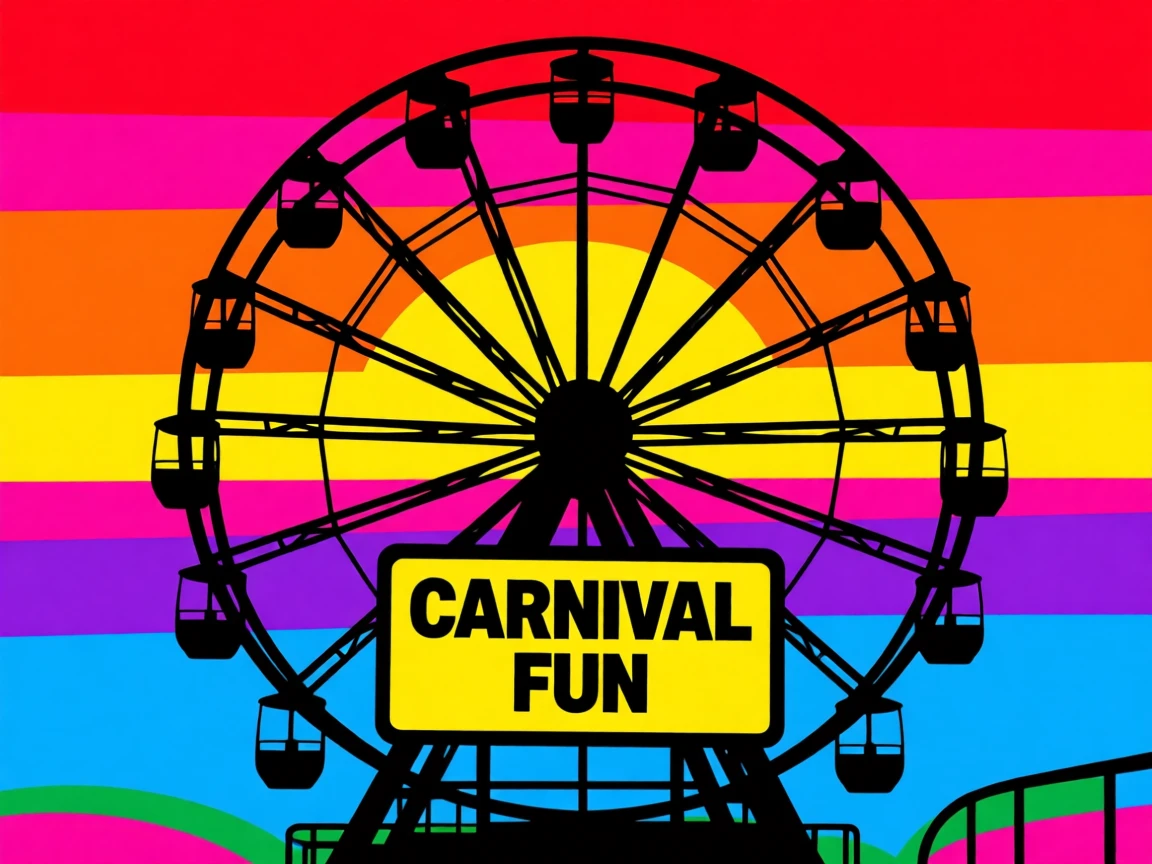 Retro carnival Ferris wheel silhouette at sunset