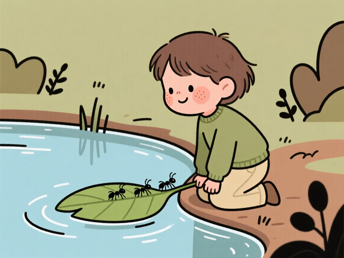 A curious small child kneels beside a trail of ants in the edge of a pond, watching intently as it slowly makes its way across a leaf.
