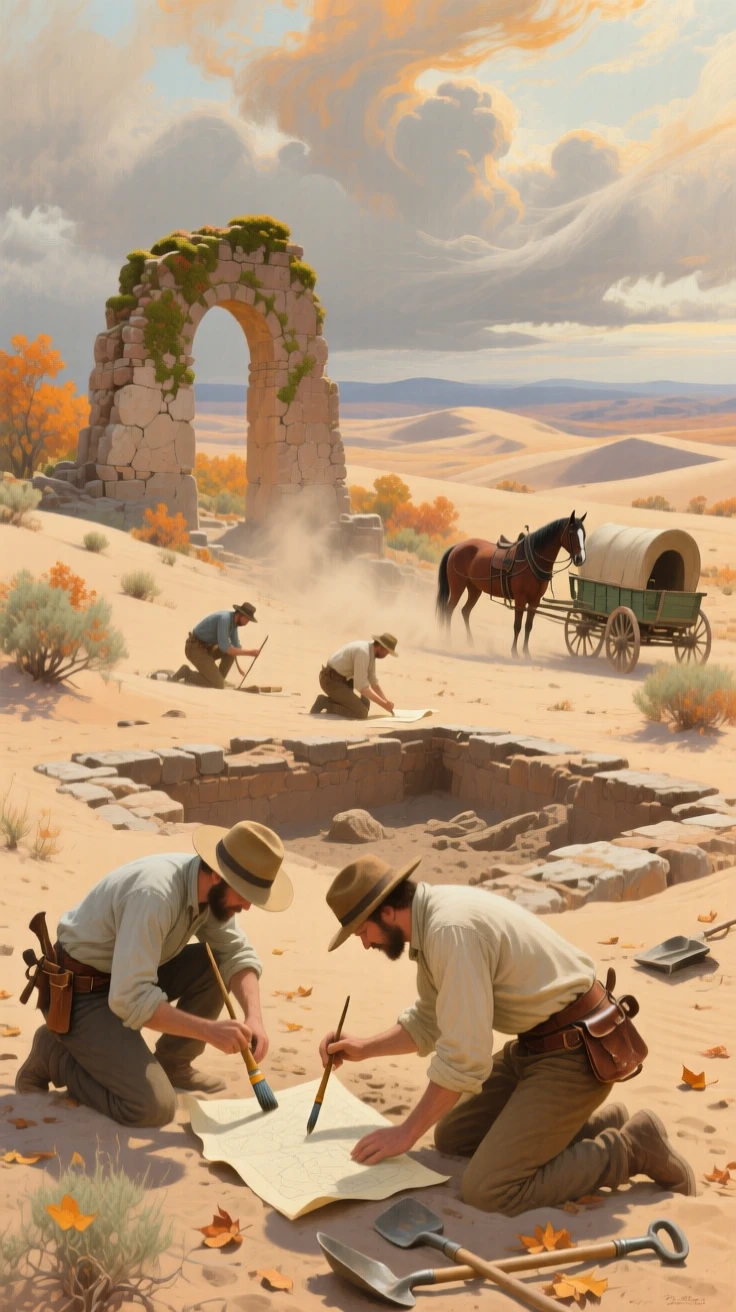 A broad landscape view of a team of archaeologists uncovering ancient ruins in the desert sand, on the American frontier, amid swirling autumn wind.